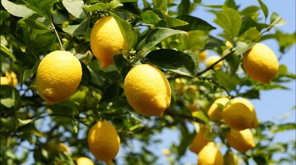 Lemon Tree in Bloom Against Blue Sky