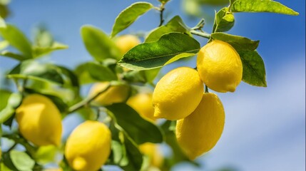Lemon Tree in Bloom Against Blue Sky