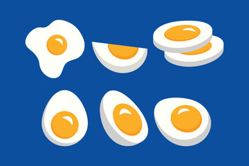 Eggs isolated on a blue background. Set of fried, boiled, halved, and sliced eggs. Vector illustration showcasing eggs in various forms