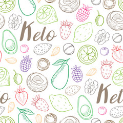 A repeating pattern of colorful handdrawn ketofriendly foods and Keto text