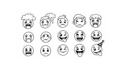 Naklejka premium Collection of cartoon emoji faces showing a range of emotions from sadness to happiness and party mood