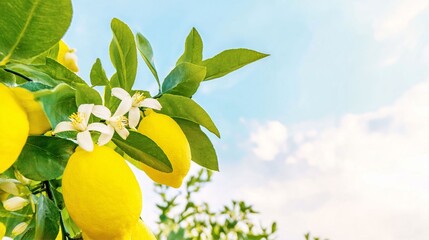 Lemon Tree in Bloom Against Blue Sky