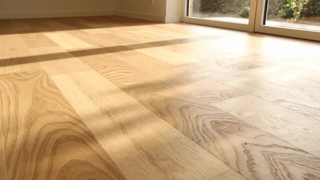 Lovely morning sunlight filtering through a window, casting shifting shadows onto the fresh oak parquet floor. The natural light fills the room with a cozy and serene ambiance