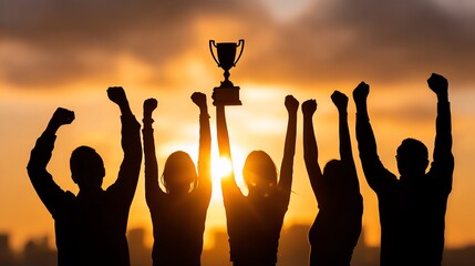 A group of ecstatic individuals celebrating victory with raised arms while holding a trophy against a stunning sunset backdrop, symbolizing achievement and teamwork.