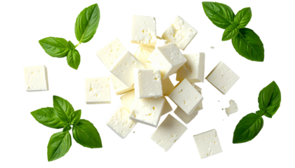 White cheese cubes with basil