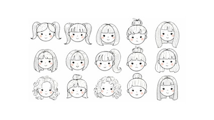 Collection of fifteen hand drawn cartoon girl faces with various hairstyles in black and white sketch style art