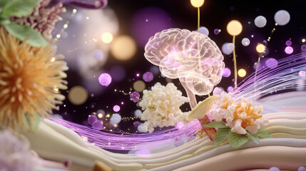 Abstract representation of a brain with flowers and glowing particles, symbolizing creativity and imagination in a vibrant setting