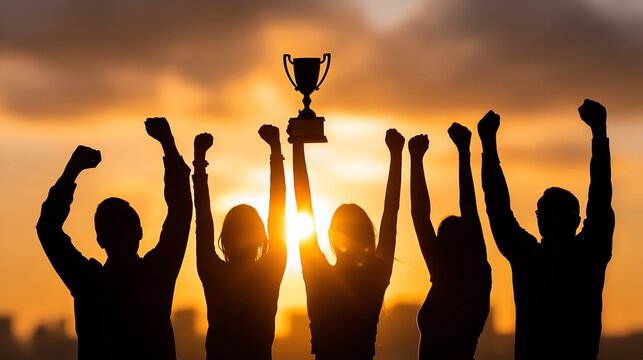 A group of ecstatic individuals celebrating victory with raised arms while holding a trophy against a stunning sunset backdrop, symbolizing achievement and teamwork.