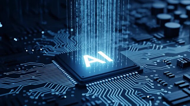 Futuristic Artificial Intelligence concept showing a glowing blue AI processor chip on a circuit board, processing vast amounts of digital data, symbolizing machine learning and big data.