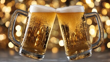 Two frosty beer mugs clink together, celebrating joy and friendship against a shimmering golden background. Perfect for depicting moments of cheer and relaxation.
