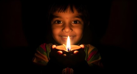 A child holding a diya in the dark, face illuminated, eyes reflecting flame.
