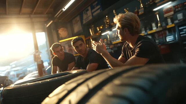 A group of friends works on a race car in a garage with tires stacking wrenches turning a stopwatch timing and a trophy on a shelf captured in a high energy photo with tire
