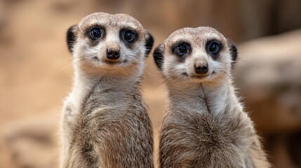 Two adorable meerkats stand closely together, showcasing their curious expressions in a sandy environment