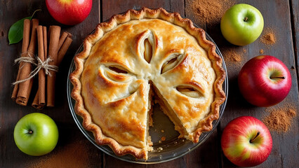 Homemade apple pie on a plate with fresh apples