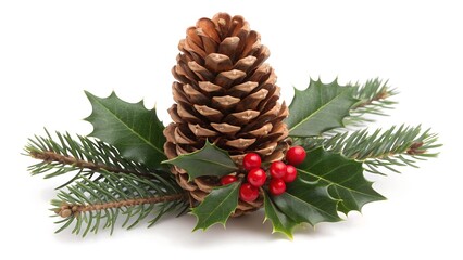 Pine cone with holly leaves, red berries and fir branches isolated on white background 
