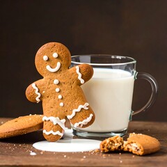 Festive gingerbread cookie and milk