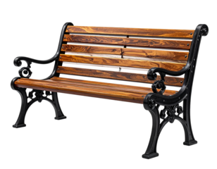 Park bench with wooden slats and ornate cast iron legs