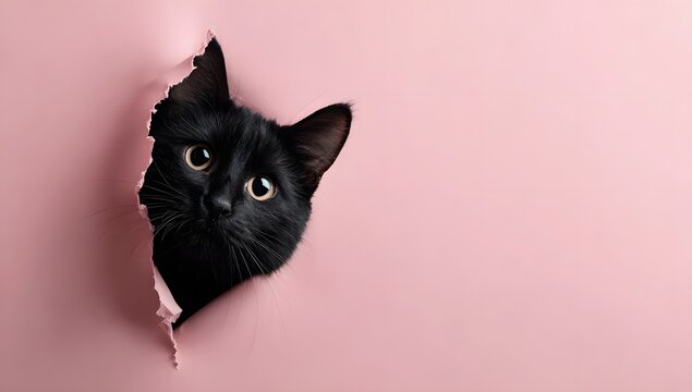 A curious black cat peeks out from a torn hole in a pink colored paper background