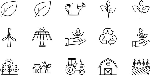 Eco-friendly line icons: agriculture, farming, and sustainability concepts
