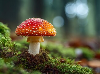 Enchanting red mushroom flourishes in a mystical forest bathed in soft, natural light, creating a breathtaking, magical backdrop for fantasy and nature themes.