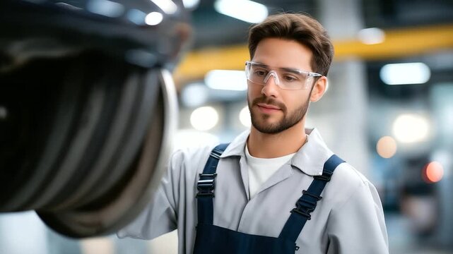 A mechanic wearing protective gloves and safety goggles inspects a car&rsquo;s transmission system symbolizing precision work professional training and the technical challenges of