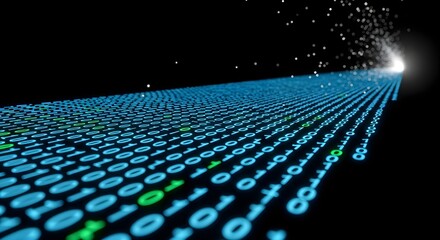 Digital binary code data stream leading to a bright light in the dark.