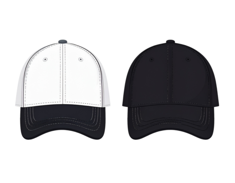 Two baseball caps, one white and one black, displayed side-by-side