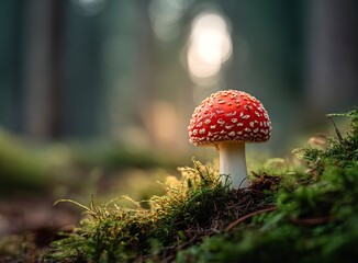 Enchanting red mushroom glows vibrantly in a mystical forest, creating a magical, breathtaking backdrop for fantasy and nature scenes, inviting wonder and discovery.