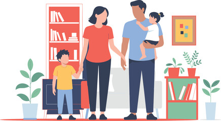 Family togetherness, cozy living room, home bonding, parents and children, modern interior, warm atmosphere, potted plants, bookshelf, parenting, lifestyle