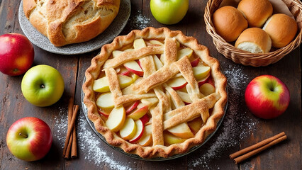 Homemade apple pie on a plate with fresh apples