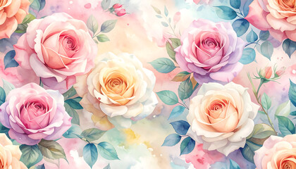 Fototapeta premium Delicate watercolor rose bouquet pastel background serene floral composition radiant petals gentle leaves romantic mood