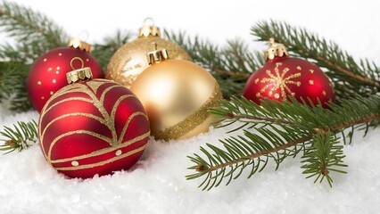 Festive Christmas garland with red baubles, candy canes, pine branches and white snowflake ornaments 

