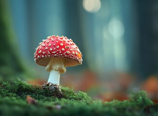 Enchanting red mushroom glows vibrantly within a lush, sun-dappled forest, creating a magical, awe-inspiring natural backdrop for fantasy and adventure themes.
