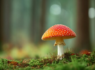 Vibrant red mushroom thriving in a lush forest setting, capturing the beauty of nature and its hidden wonders, perfect for environmental and botanical projects.