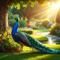 Peacock in a garden bathed in sunlight