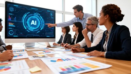 Diverse business team in a modern conference room collaborating on an Artificial Intelligence strategy, with a presenter pointing to a futuristic AI interface on a large screen while analyzing data. - Powered by Adobe