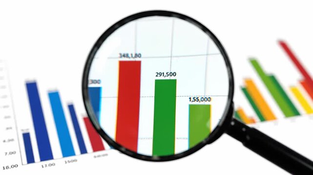 Magnifying glass zooming in on a data chart displaying fluctuating statistics. Concept related to business, finance, and marketing on a clean white backdrop
