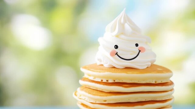Cheerful pancake stack with whipped cream in sunny outdoor setting