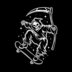 Grim reaper with scythe skateboarding at night with stars in the background, a dark and edgy illustration