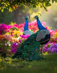 Peacocks in a colorful flower garden