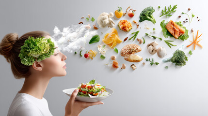 Woman holding a salad, visualizing various healthy food ingredients floating around her, creative food concept on a gray background