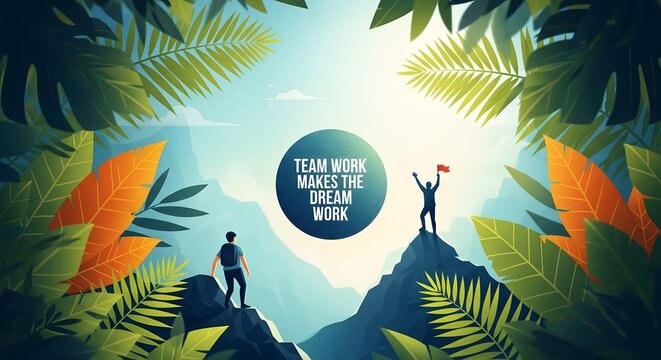 Two hikers on mountain peaks with a motivational quote about teamwork in the sky, surrounded by lush jungle foliage