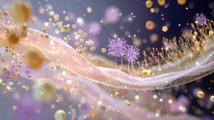 Abstract depiction of microscopic biological structures featuring vibrant spheres, delicate strands, and purple flora, representing cellular activity and life
