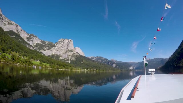 Boat trip on Lake Grundlsee, Subjective tracking shot, Salzkammergut, Styria, Austria