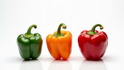 Three bell peppers in green, orange, and red colors arranged on a white background. Fresh vegetables ideal for healthy cooking and nutrition.