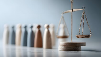 Brass scales of justice balancing two wooden figures against a group of four representing legal weight and the concept of societal equity
