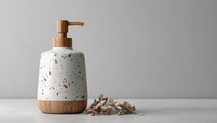 Elegant White Terrazzo Soap Dispenser with Wooden Pump and Base for Modern Bathroom or Kitchen Decor