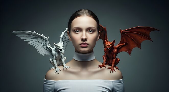 Young woman with a white dragon on her left shoulder and a red dragon on her right shoulder, symbolizing good and evil