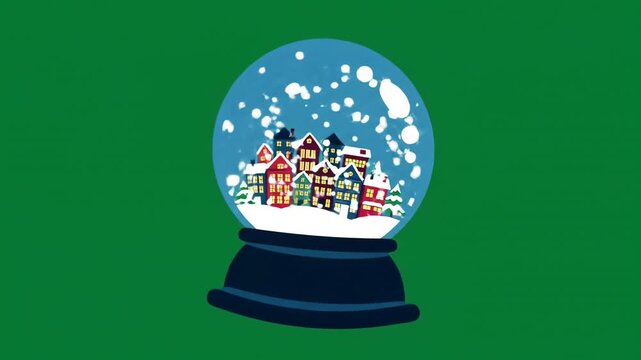 Snow globe depicting a winter village scene with falling snow