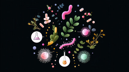 Abstract illustration of microorganisms, leaves, and laboratory flasks on a dark background showcasing biology and science themes
